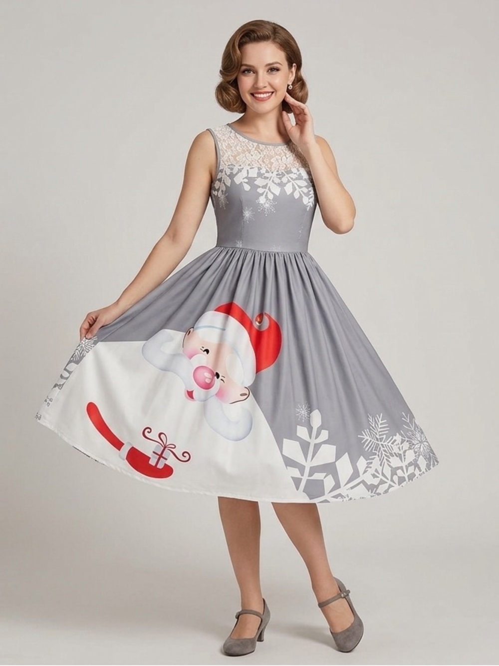 Sleeveless Gray Novelty Dress with Festive Santa Print